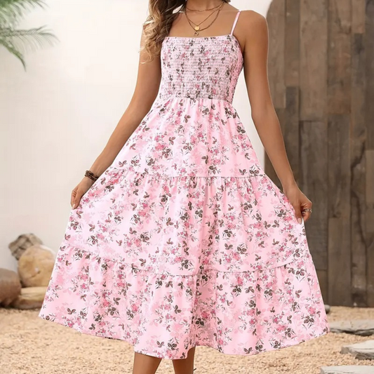 Womens Summer Floral Midi Dress Smocked Spaghetti Strap Sleeveless Tiered Casual Flowy-FREE USA SHIPPING Dresses