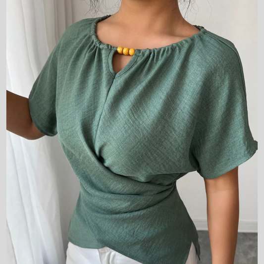 Beaded Neckline Short Sleeve Blouse