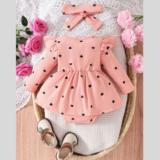 Children's Heart Print Ruffle Trim Bodysuit Dress with Headband