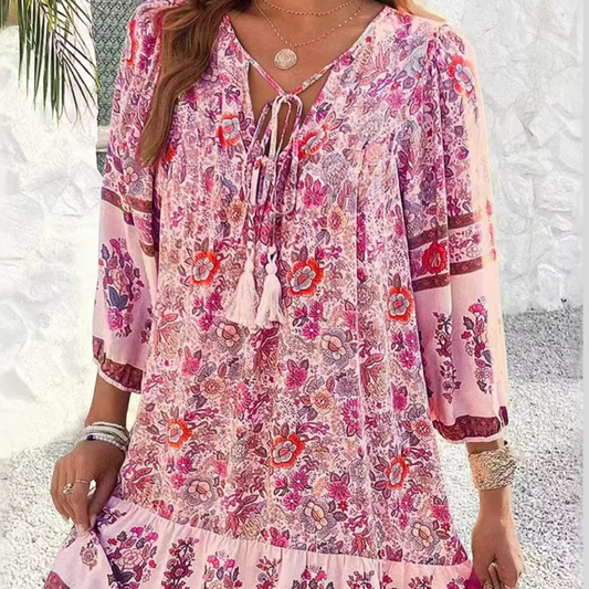 Floral Print Tassel Tie Neck Mini Dress