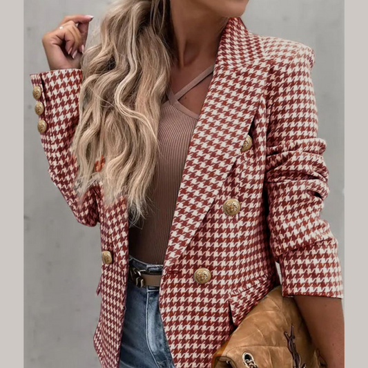 Houndstooth Collared Neck Double-Breasted Blazer