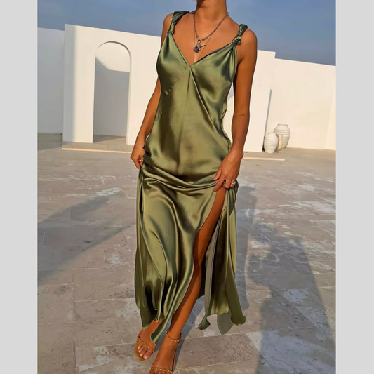 Satin V-Neck Slit Maxi Dress