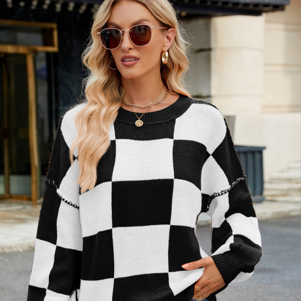 Plaid Round Neck Long Sleeve Sweater