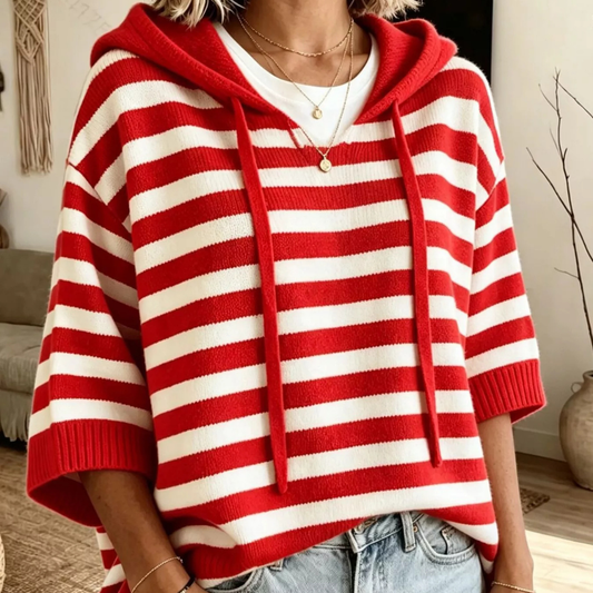 Full Size Drawstring Striped Hooded Sweater Plus Size