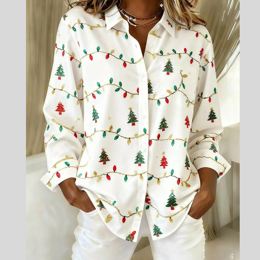 Full Size Christmas Tree Print Long Sleeve Button-Down Shirt Plus Size