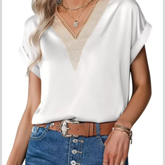 V-Neck Short Sleeve Satin Top