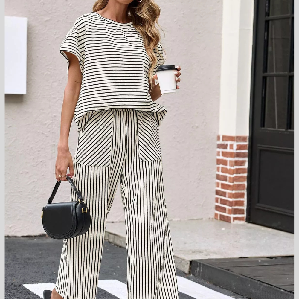 Casual Striped Short Sleeve Top and Wide Leg Pants Two-Piece Set