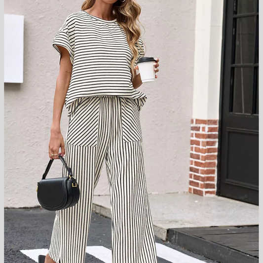 Casual Striped Short Sleeve Top and Wide Leg Pants Two-Piece Set