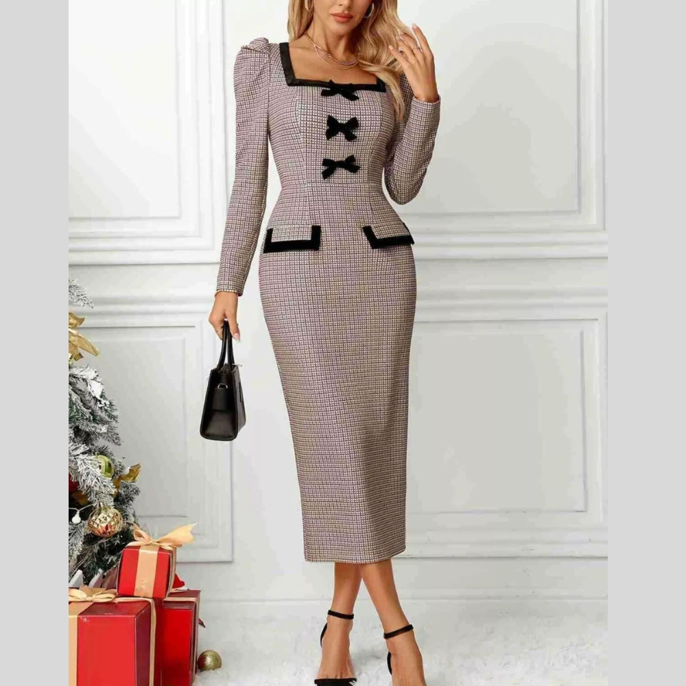 Houndstooth Bow Square Neck Dress