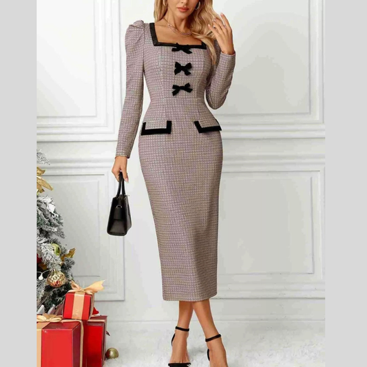 Houndstooth Bow Square Neck Dress