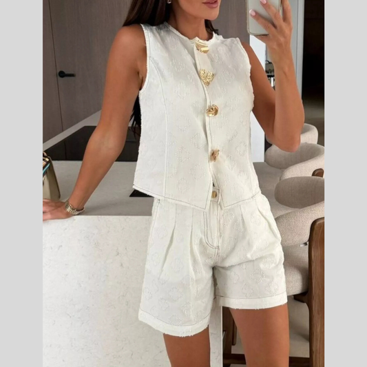 Embossed Vest and Shorts Denim Set with Gold-Tone Buttons