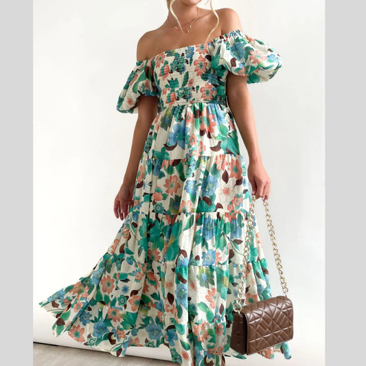 Floral Smocked Puff Sleeve Tiered Dress