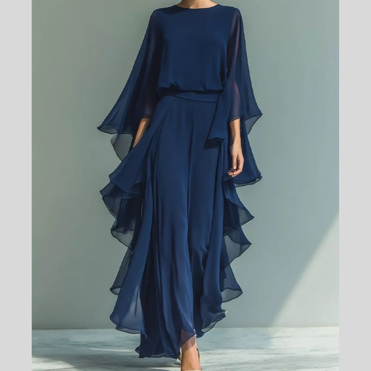 Ruffled Chiffon Long Sleeve Top and Pants Set