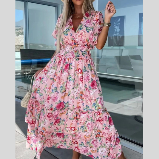 Floral Print Flutter Sleeve Maxi Dress