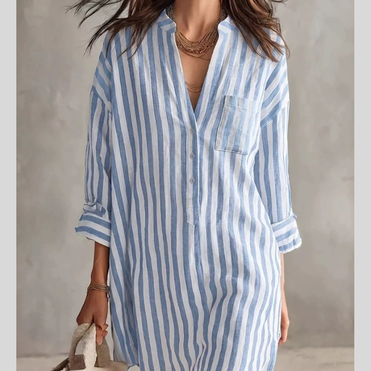 Full Size Striped 3/4 Sleeve Shirt Dress Plus Size