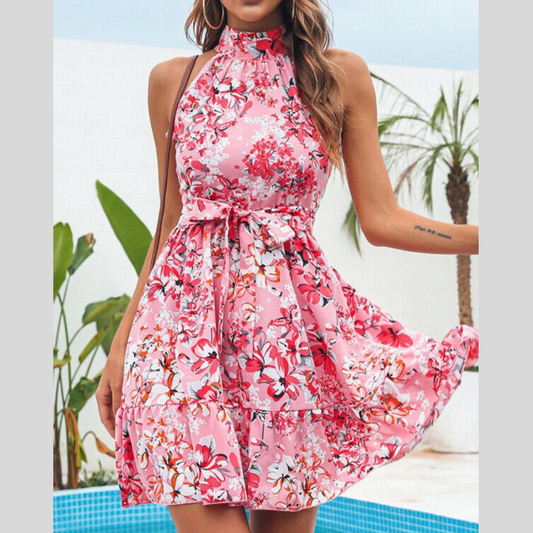 Floral Print Halter Neck Mini Dress