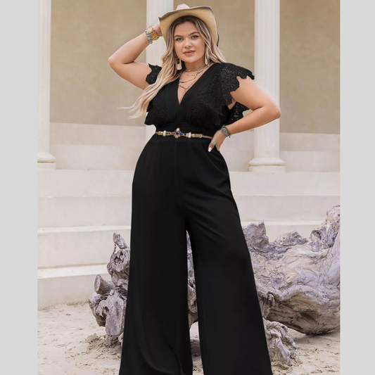 Plus Size Lace Cap Sleeve Wide Leg Jumpsuit