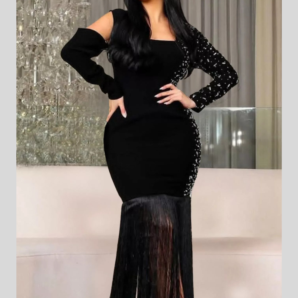 Asymmetrical Rhinestone Fringe Dress