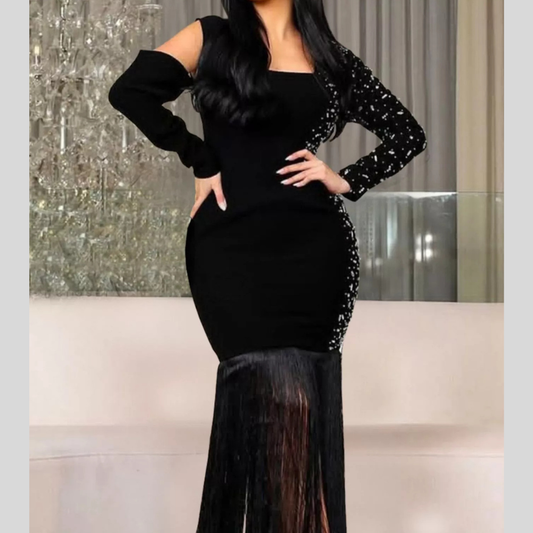 Asymmetrical Rhinestone Fringe Dress