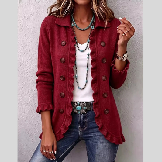 Full Size Ruffled Trim Decorative Button Cardigan Plus Size