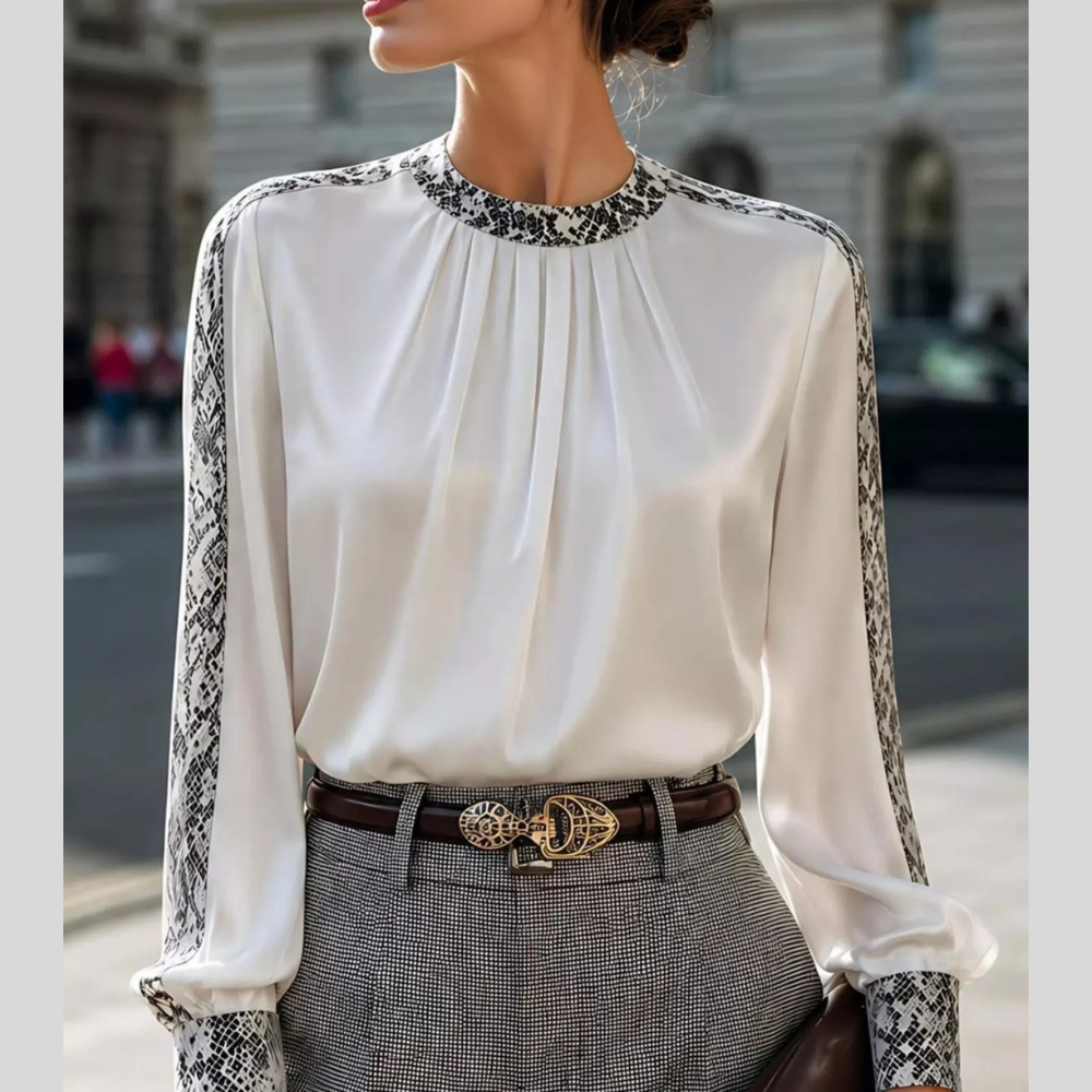 Snake Print Contrast Trim Satin Blouse