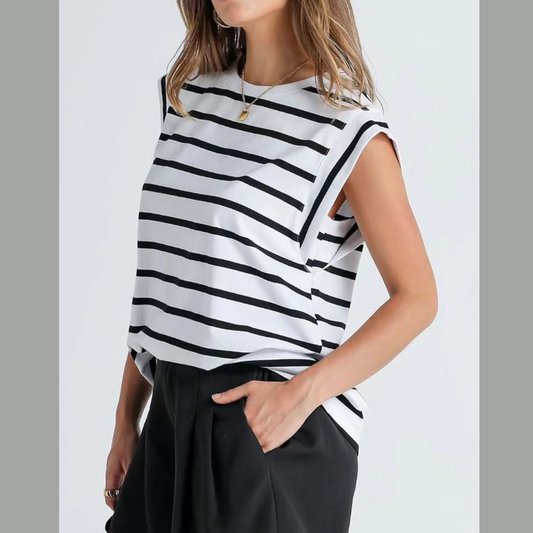 Florira Striped Round Neck Cap Sleeve T-Shirt