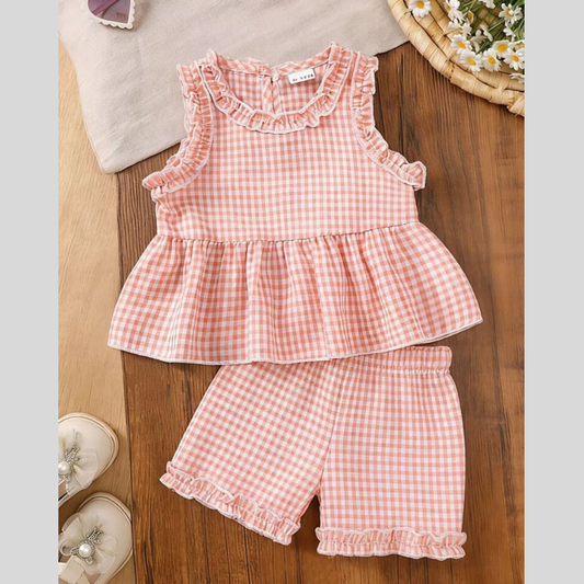 Children's Gingham Ruffle Trim Tank Top & Shorts Set