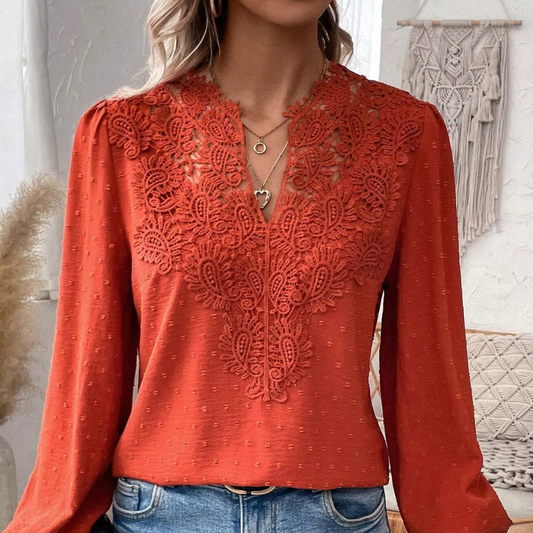 Swiss Dot Lace Detail Long Sleeve Blouse