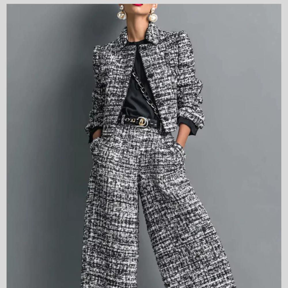 Full Size Tweed Cropped Jacket and Wide-Leg Pants Two-Piece Set Plus Size
