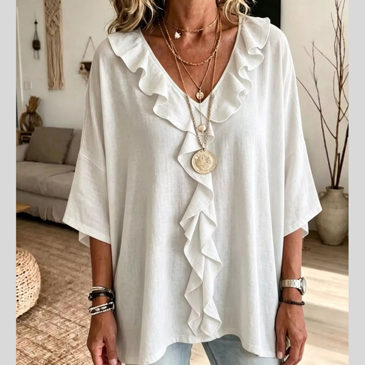 Full Size Ruffle V-Neck 3/4 Sleeve Blouse Plus Size
