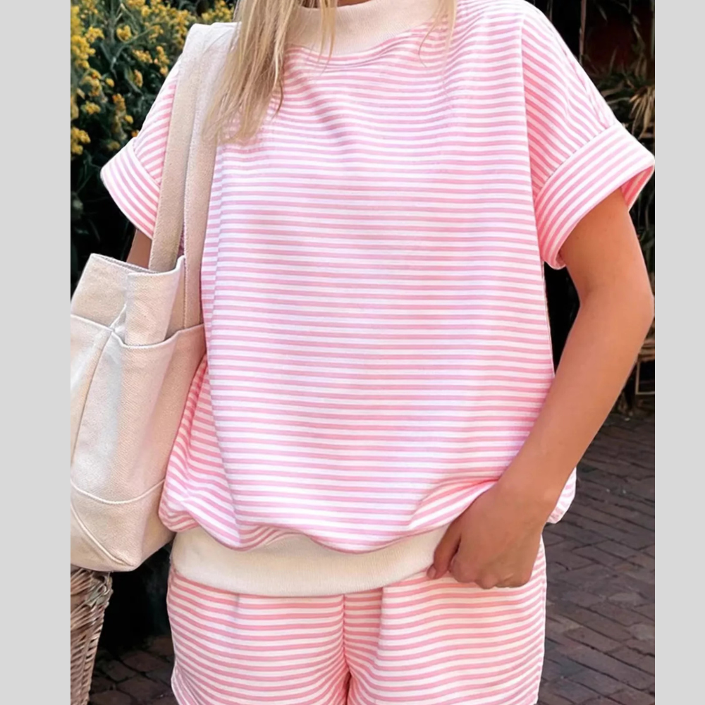 Full Size Striped Round Neck Tee and Shorts Set Plus Size