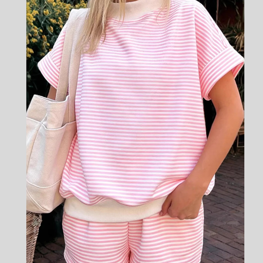 Full Size Striped Round Neck Tee and Shorts Set Plus Size