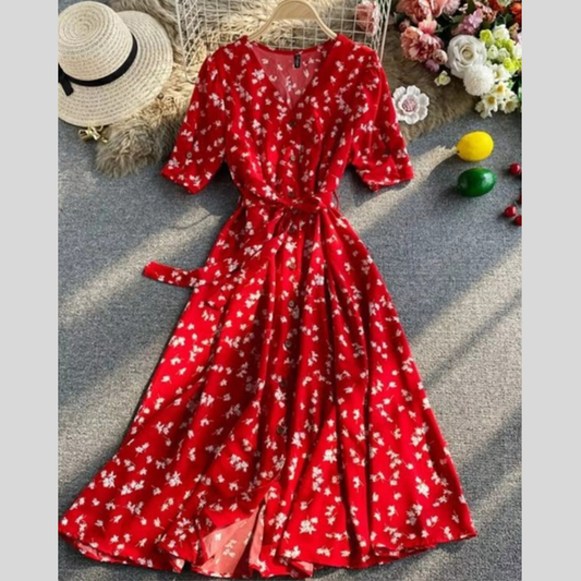 Floral Print V-Neck Midi Dress