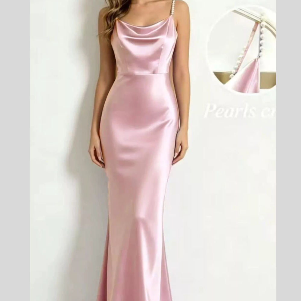 Pearl Strap Cowl Neck Satin Maxi Dress