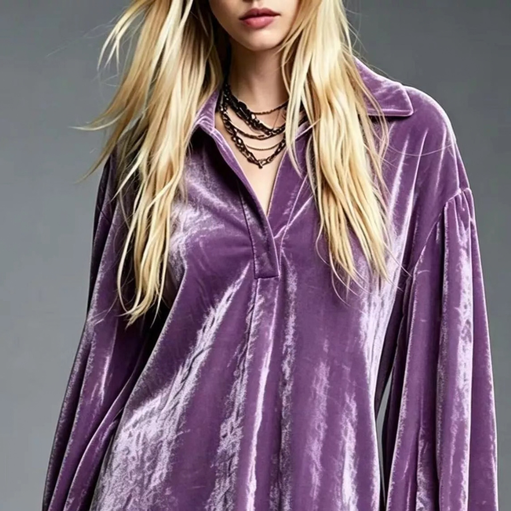 Ruffled Hem Long Sleeve Velvet Dress