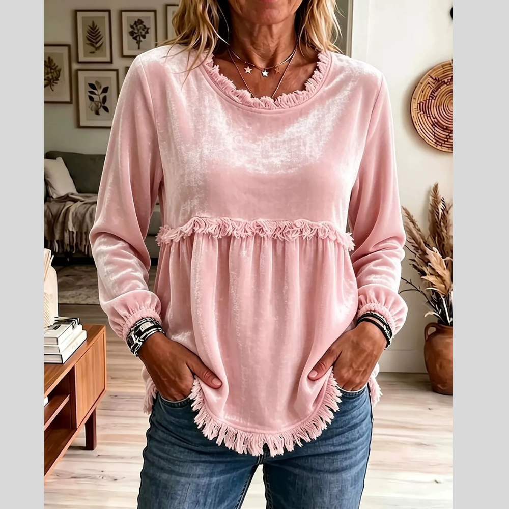 Velvet Fringe Long Sleeve Blouse