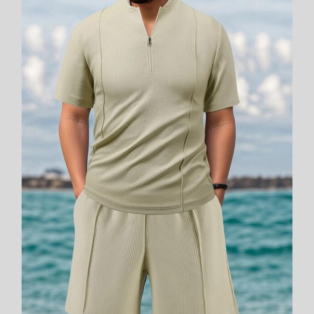Men's Full Size Zip Front Short Sleeve Top and Shorts Set Plus Size