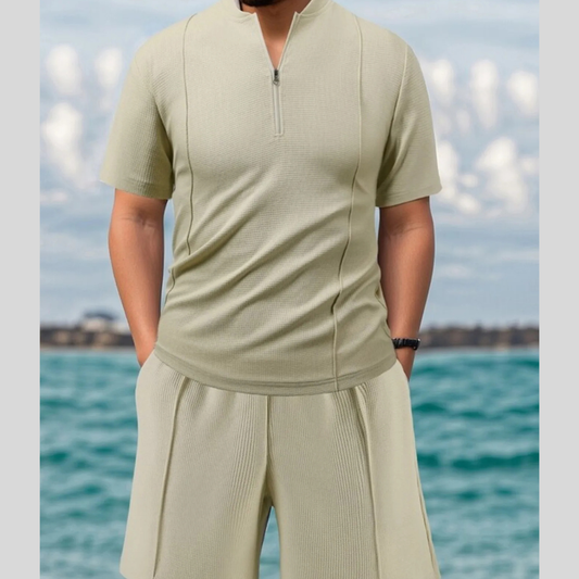Men's Full Size Zip Front Short Sleeve Top and Shorts Set Plus Size