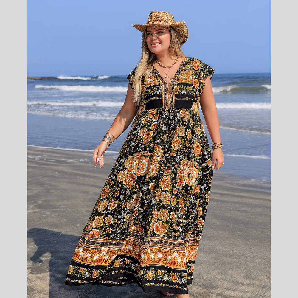 Plus Size Printed V-Neck Ruffle Cap Sleeve Maxi Dress