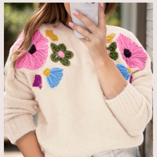 Plus Size Crochet Flower Round Neck Long Sleeve Sweater