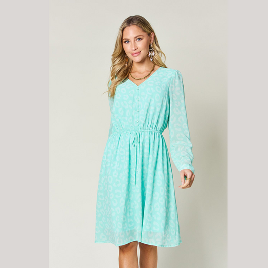 Double Take Full Size Printed Ruched V-Neck Long Sleeve Dress