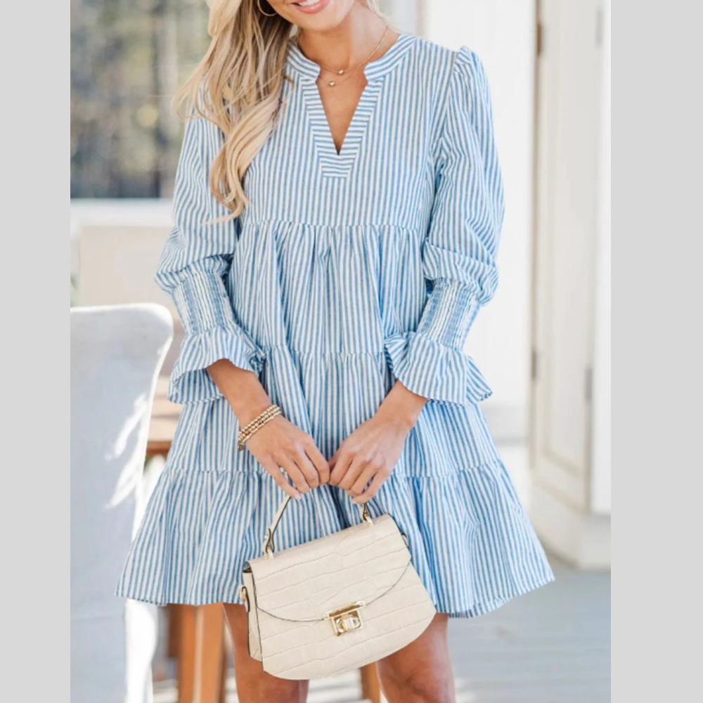 Striped Tiered Flounce Sleeve Shirt Dress