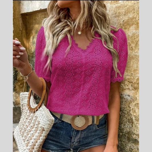 Full Size Eyelet V-Neck Short Sleeve Blouse Plus Size