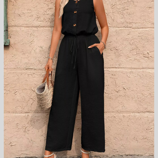 Sleeveless Button-Front Wide Leg Jumpsuit