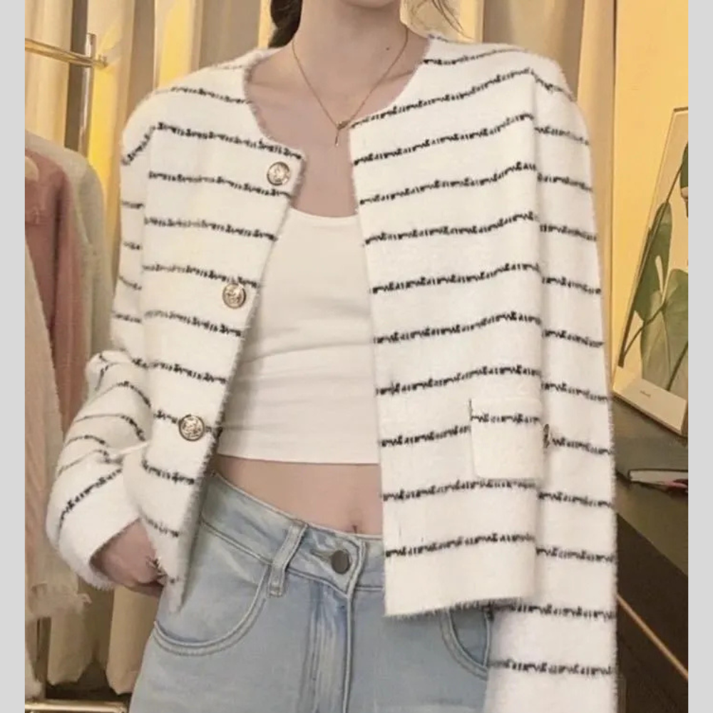 Striped Round Metal Button Faux Pocket Round Neck Sweater