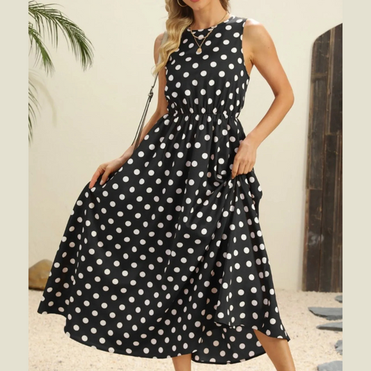 Polka Dot Round Neck Sleeveless Midi Dress