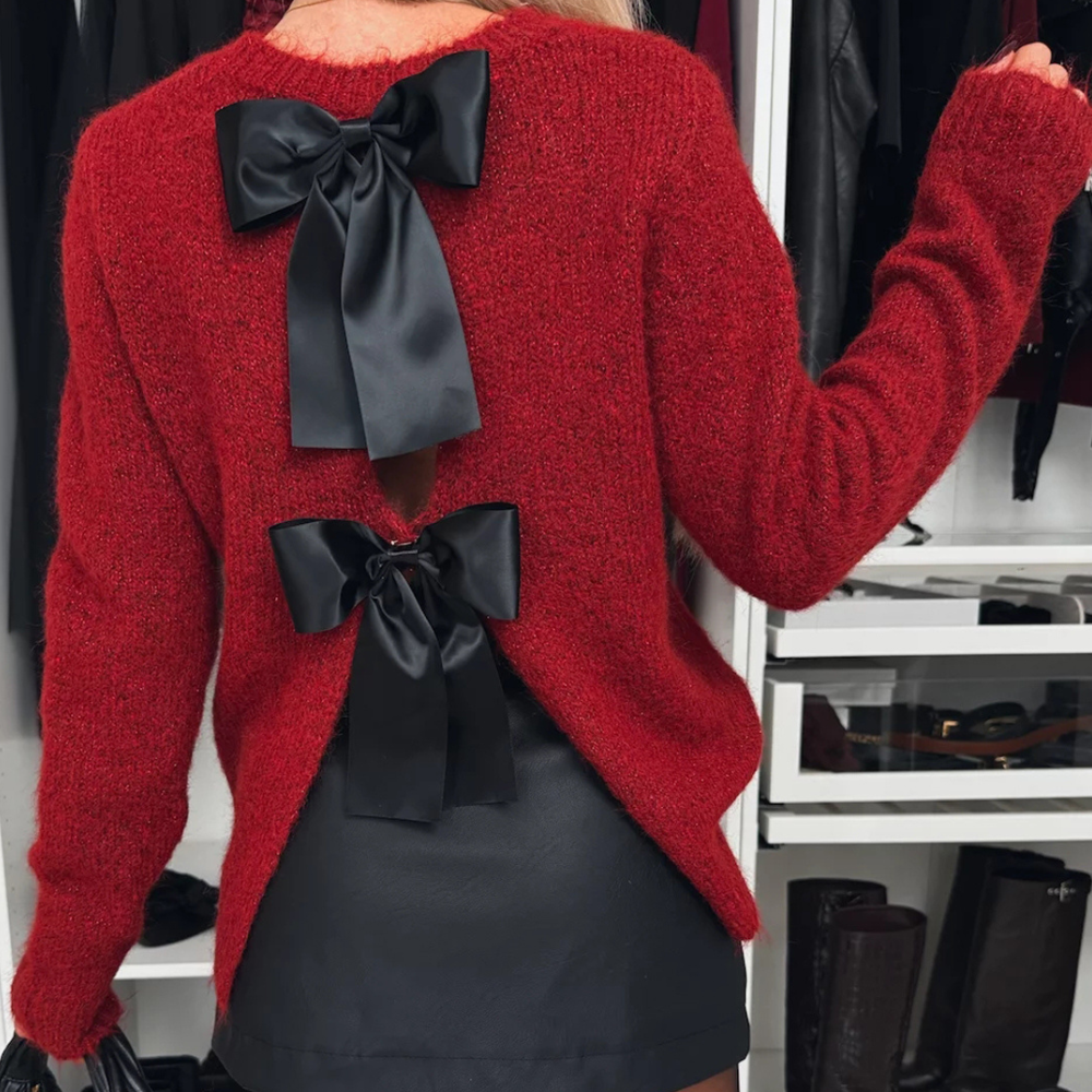 Bow Slit Back Round Neck Sweater