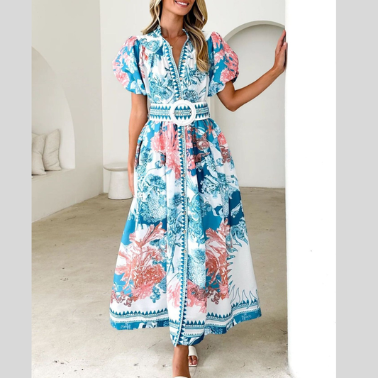 Printed Puff Sleeve Mid-Length Dress