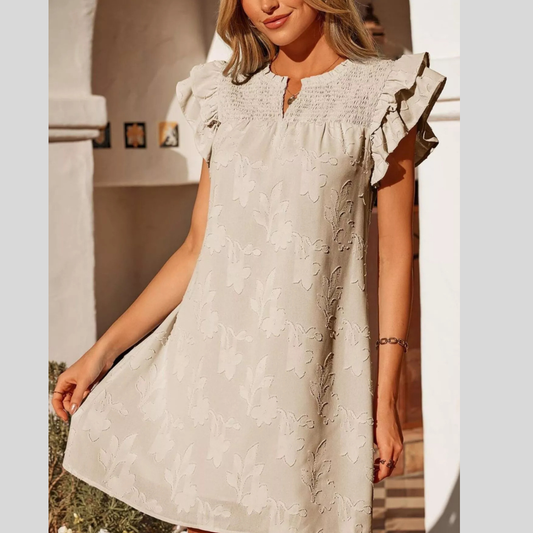 Floral Embossed Ruffle Sleeve Mini Dress