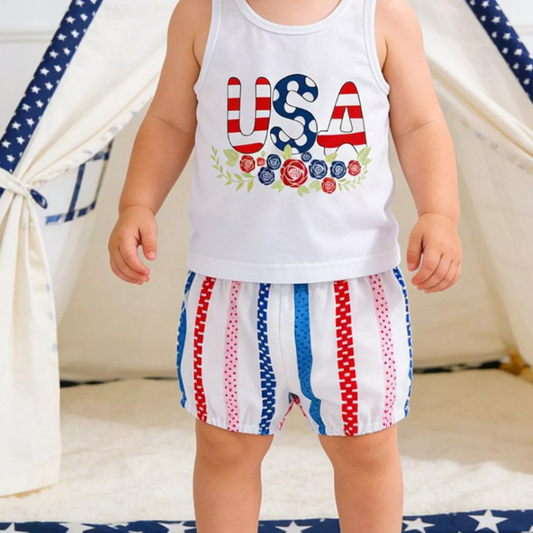 Children's Patriotic USA Floral Tank and Shorts Set